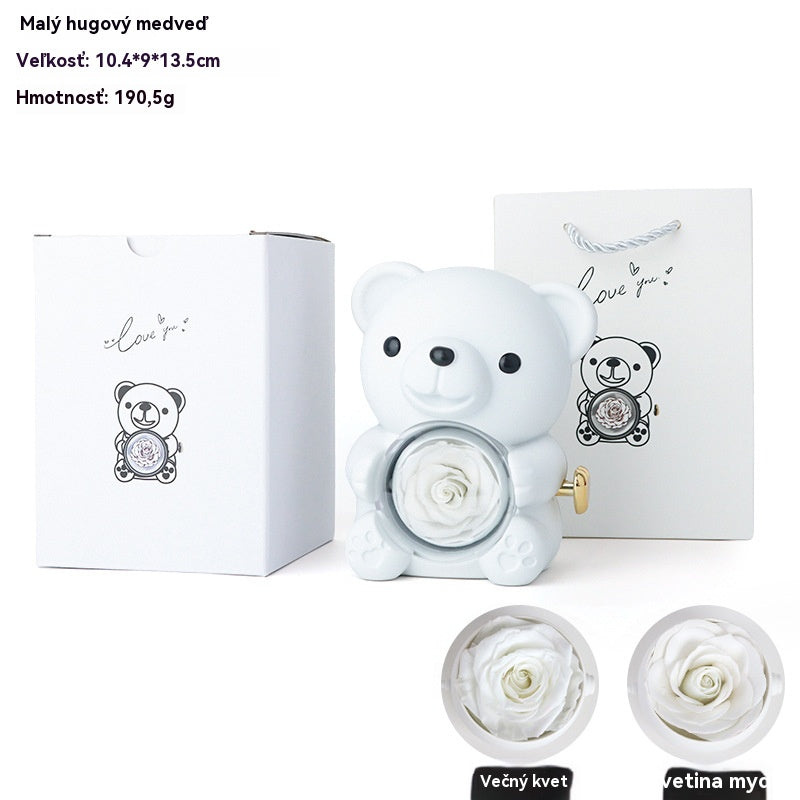 【Kúpte 1 a získate 1 zadarmo】✨Rozkošný plyšový medvedík s konzervovanou ružou - Plyšový medvedík ozdobený pravou ružou, v krásnej darčekovej krabičke